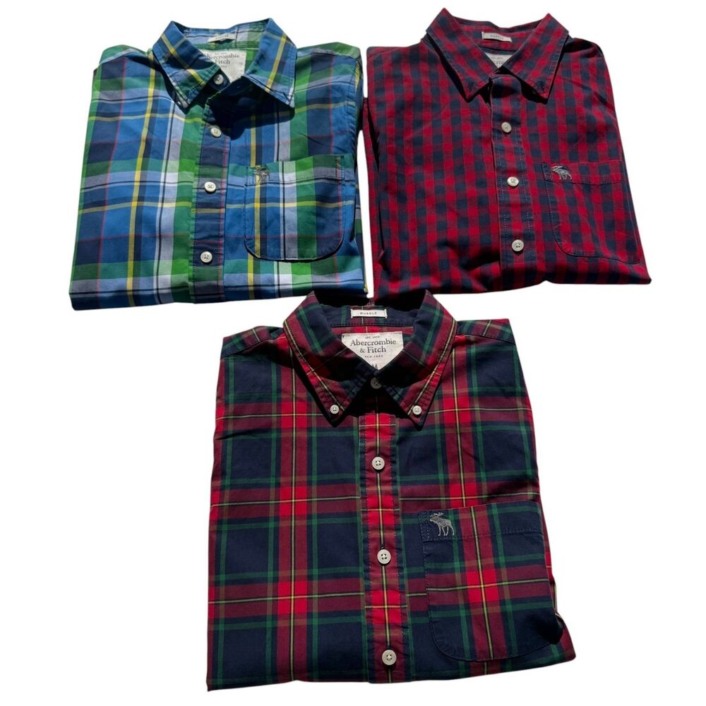 Abercrombie & Fitch Muscle Plaid Shirts Lot of 3 Mens Medium Button Down Moose